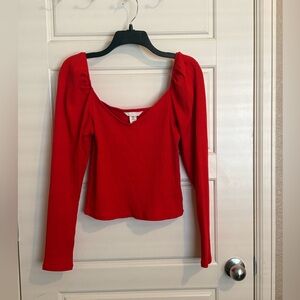 H&M Red Ribbed Long Sleeve Scoop Neck Top